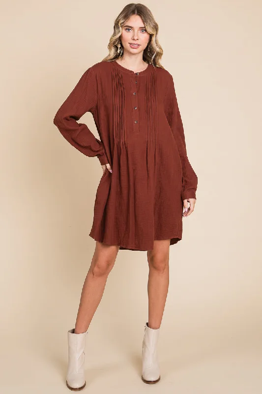 Long Sleeve Double Gauze Henley Tunic Cotton Dress