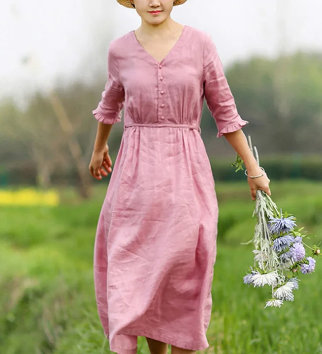 Pink Women Dresses Casual Summer Draw String Linen Women Dresses SJ97215