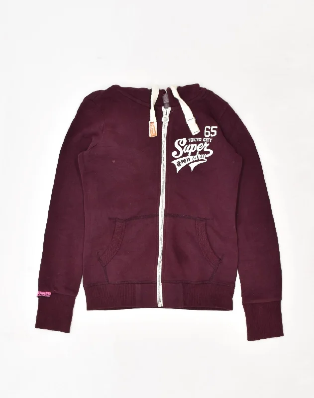 SUPERDRY Womens Graphic Zip Hoodie Sweater UK 6 XS Burgundy Cotton