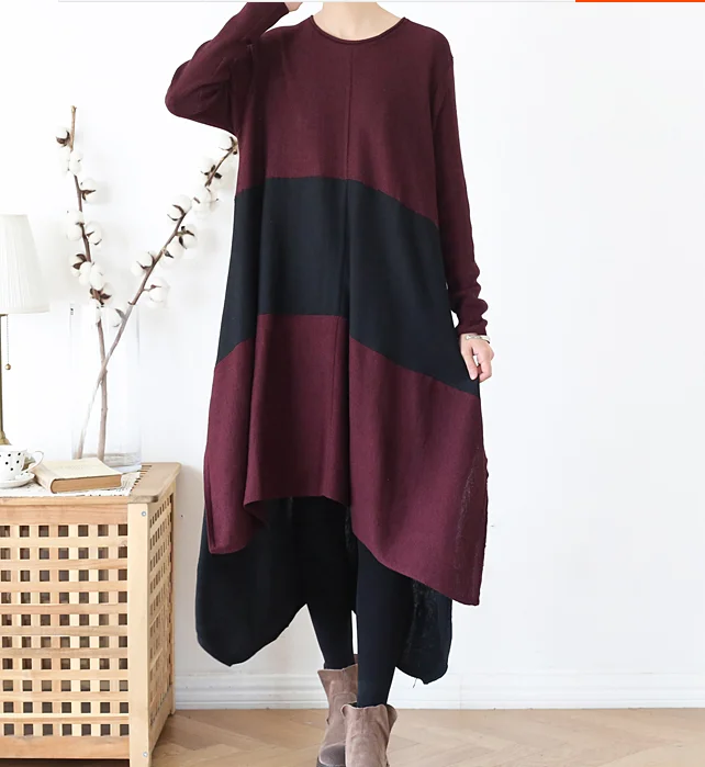 Patchwork Irregular Knit Long Sleeve Women Dresses Casual Women Dresses SSM97215