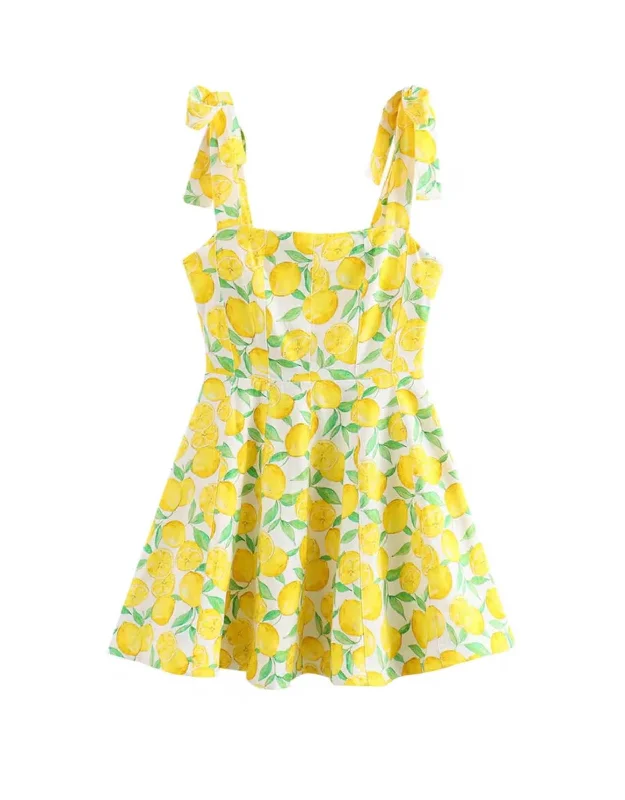 Lemon Print Yellow Mini Linen Dress