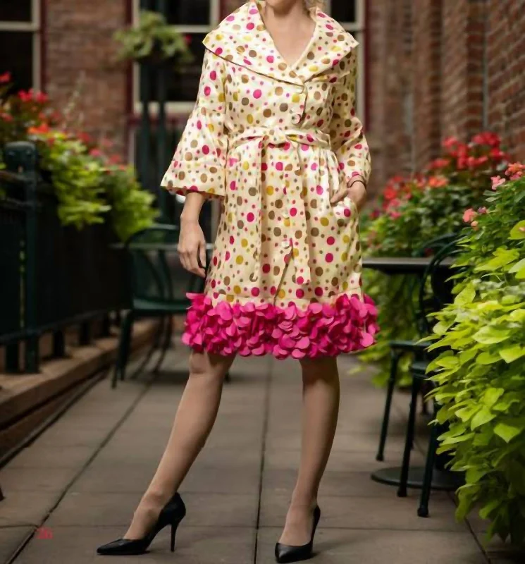 Polka Dot Coat Dress With Sequins In Beige With Pink Polka Dot