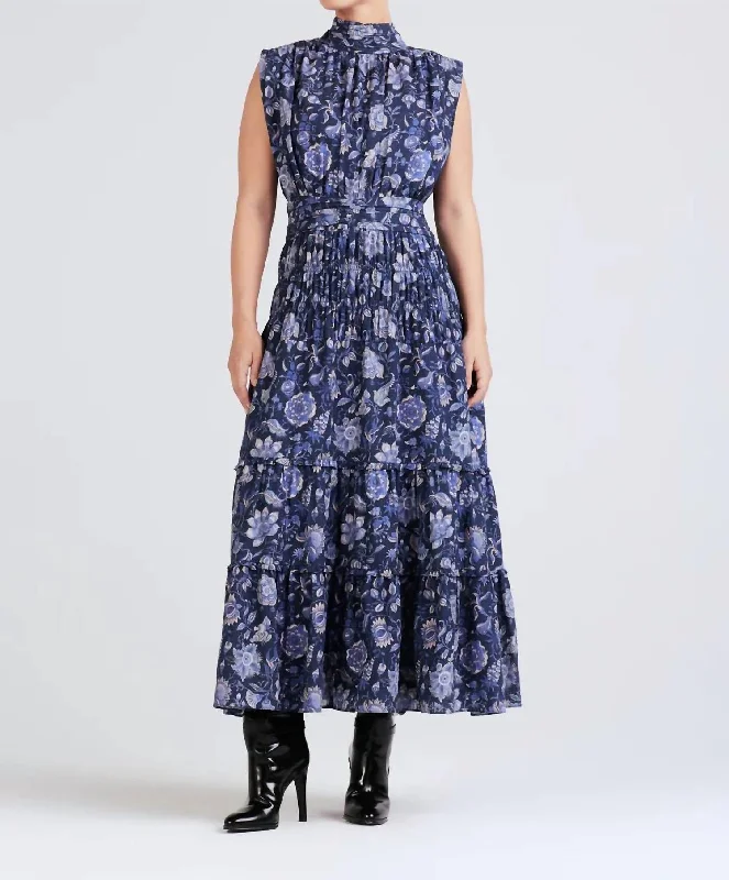 Junia Rouched Sleeveless Midi Dress In Navy Multi