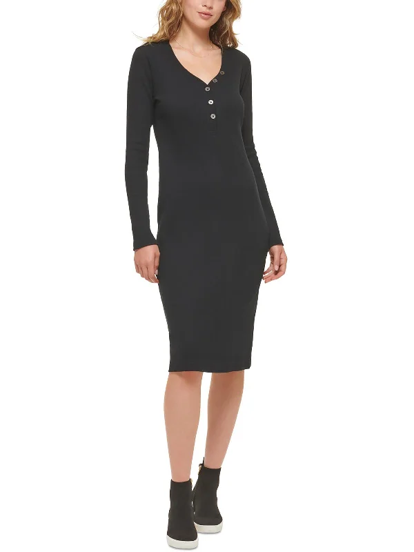 Womens Henley Neckline Long Sleeve Midi Dress