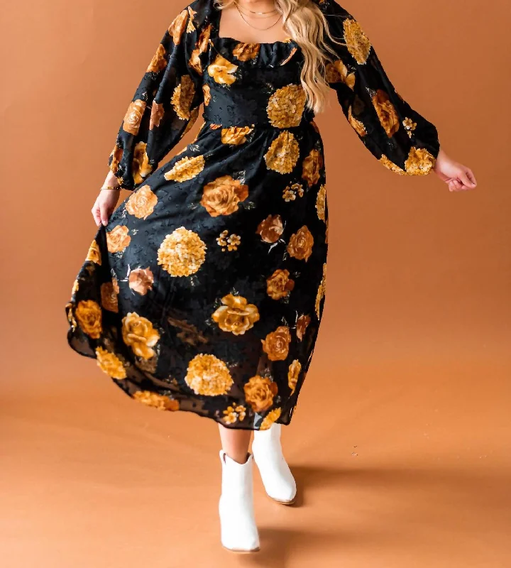 Field Of Flowers Midi Dress In Black