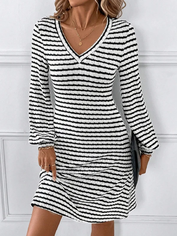 Striped V-Neck Long Sleeve Dress