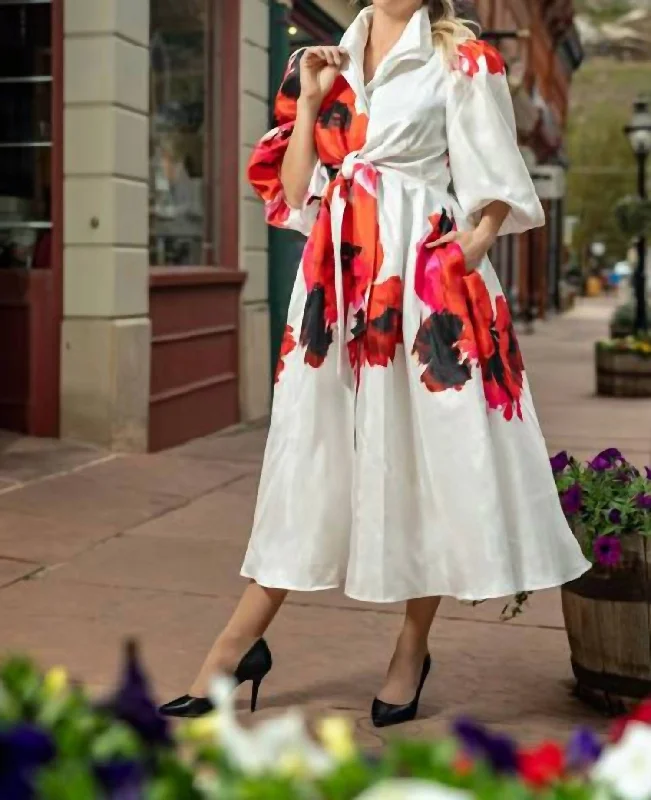 Puff Sleeve Dress White/red