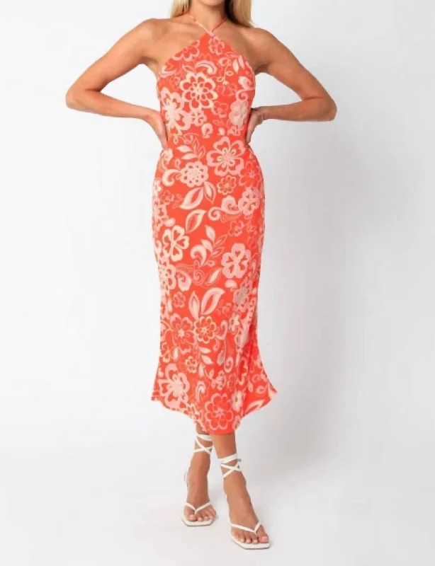 Amara Halter Cutout Midi Dress In Orange Print