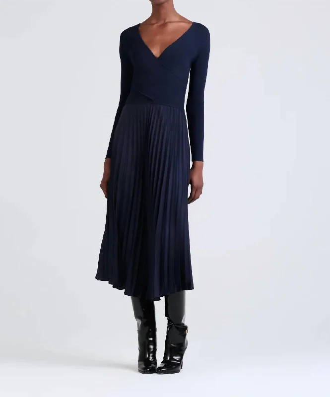 Anika Wrap Pleated Sweater Dress In Navy