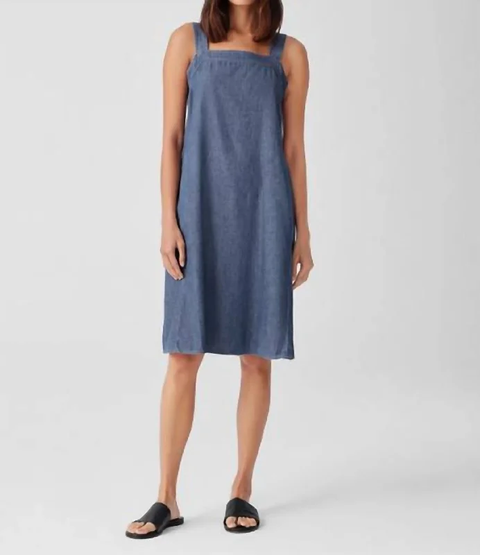 Airy Organic Cotton Twill Square Neck Dress In Denim