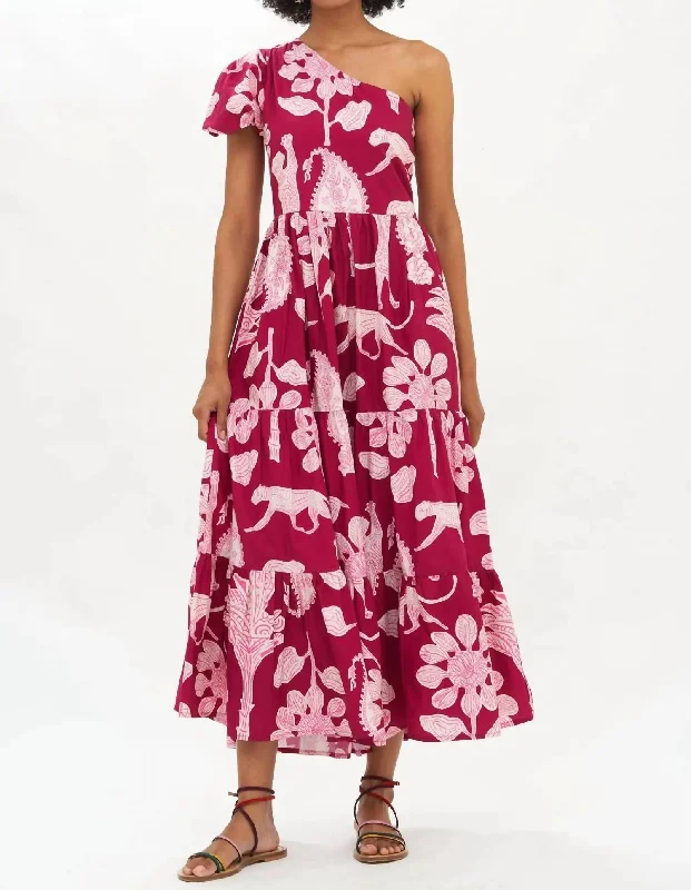 One Shoulder Maxi Dress In Lamu Magenta