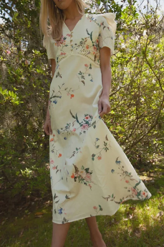 Elsie Linen Midi Dress In Ivory Floral