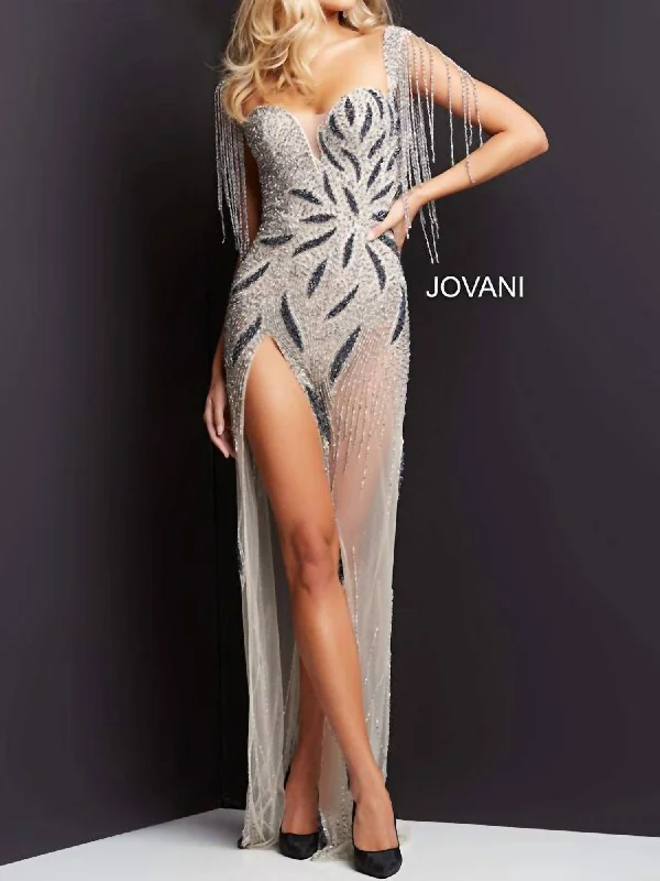 Plunging Neck Embellished Evening Gown In Nude Grey