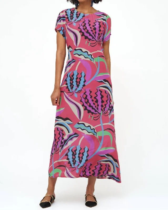 Short Sleeve Shift Maxi Dress In Fergana Rhubarb