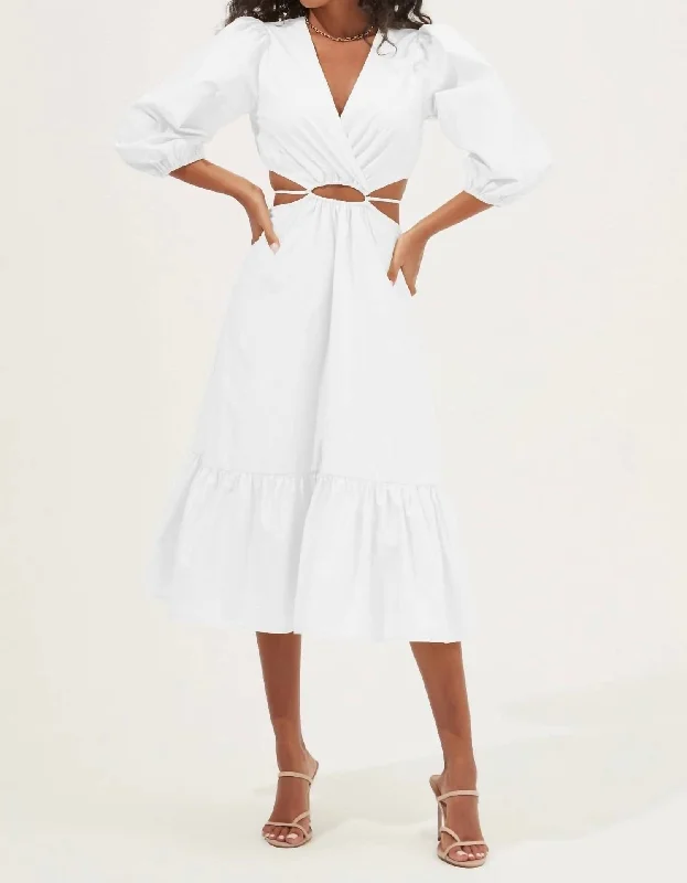 Rosewood Surplice Cutout Waist Midi Dress In White