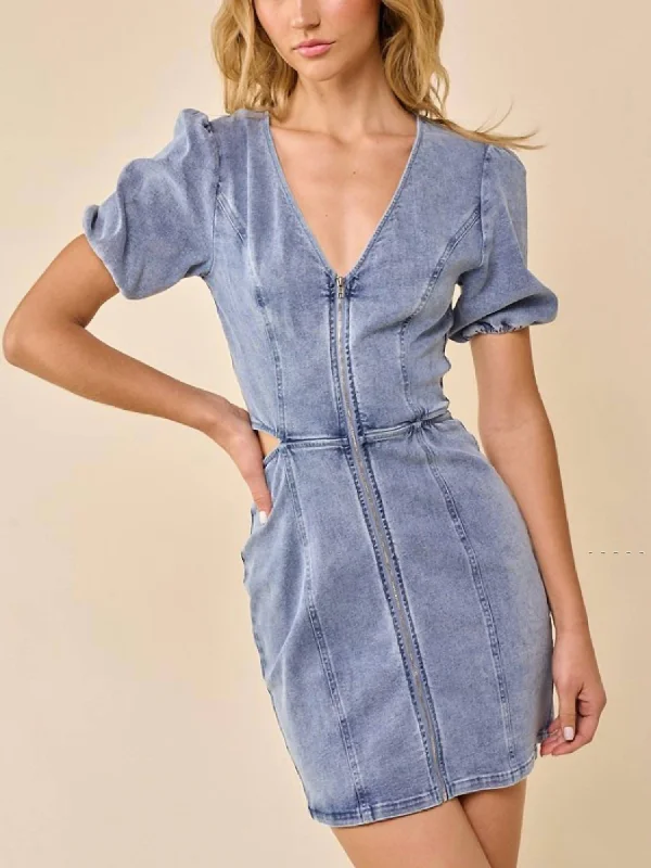 Denim Zipper Front Dress In Blue