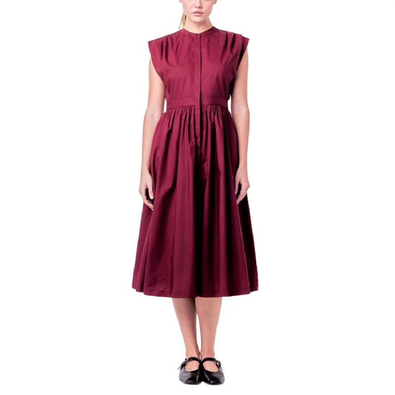 Pleated Shoulder Midi Dress In Burgundy