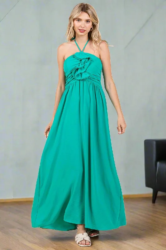 Halter Neck Smocked Embellished Maxi Dress