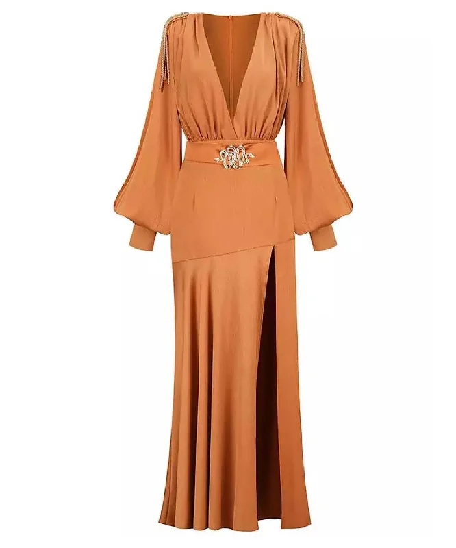 High Slit Lantern Sleeve Long Dress