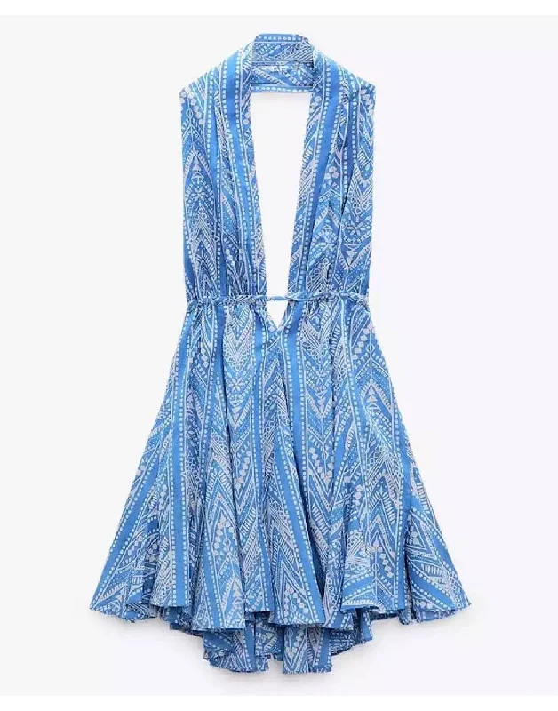 Blue Printed Halter Dress