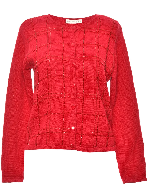 Button-Front Red Embellished Christmas Cardigan - L