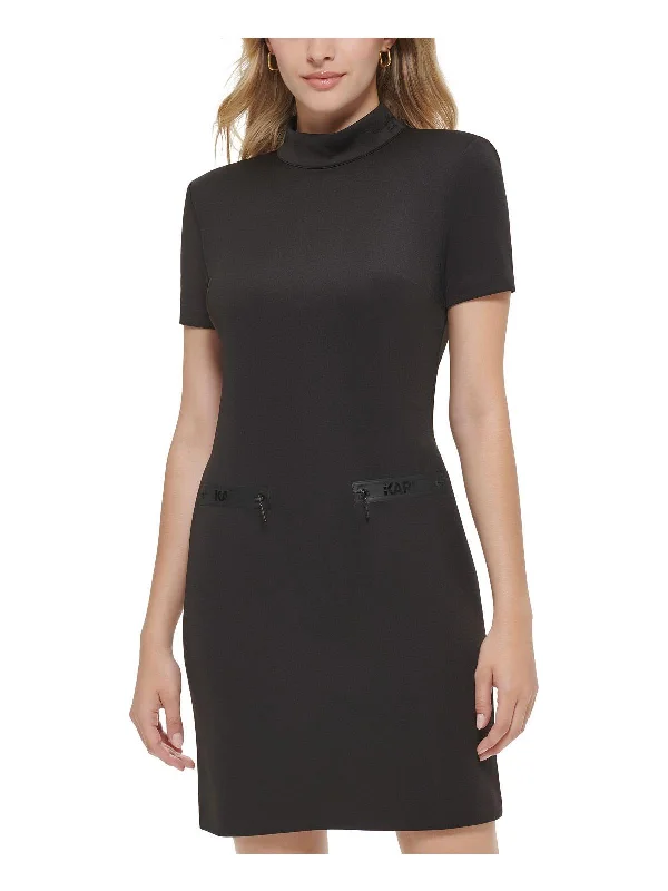 Womens Zip Pockets Mock Neck Midi Dress