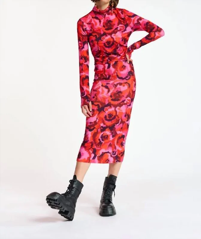 Floral-Print Stretch Jersey Midi Dress In Pink/red