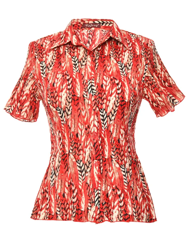 Short-Sleeve Red Abstract Blouse - M