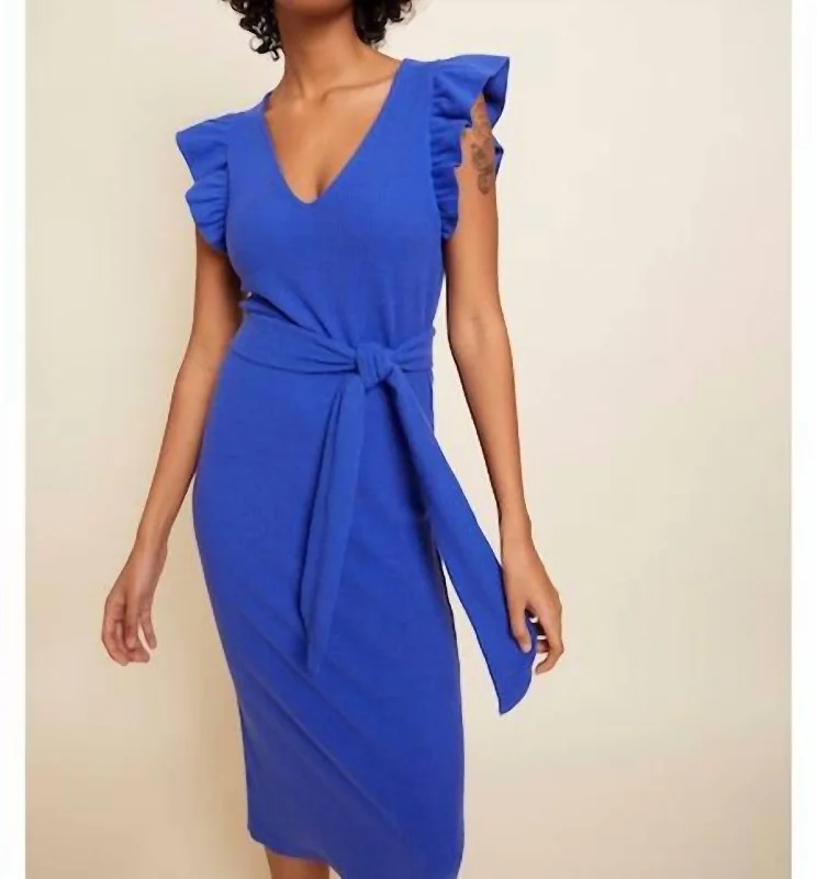 Oriana Ruffled Sash Dress In Blue Suede