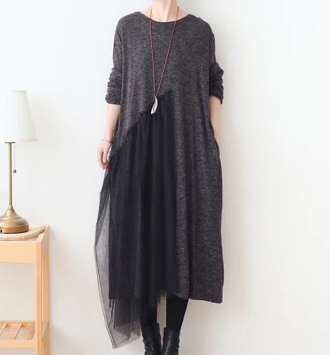 Loose Plus Size Dress Knit Women Autumn Spring Fashion Long Sleeve DressesAMT962328