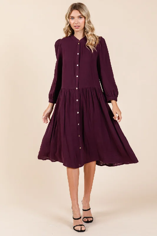 Dobule Gauze Tiered Long Sleeve Midi Shirtdress