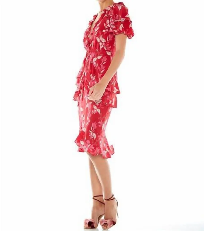 Pollen Midi Dress In Red Leaf Print