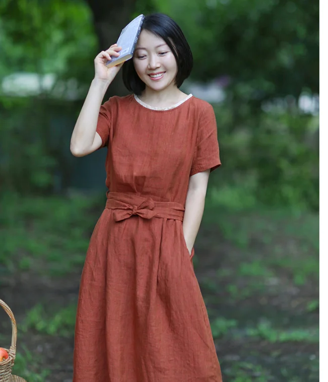 Red Women Dresses Casual Summer Linen Women Dresses SJ97215