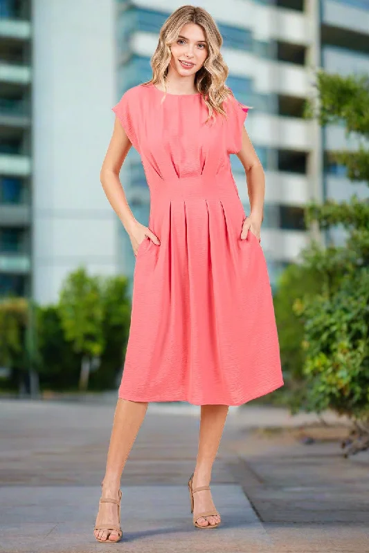 Pleated A Line Cap Sleeve Pocketed Midi Dress