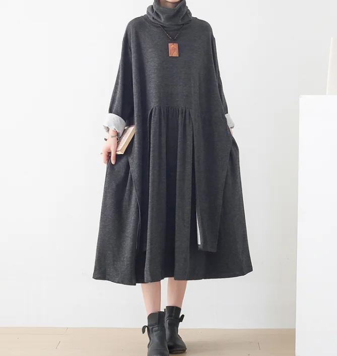 Black Cotton High Collar Autumn Women Dresses Casual Women DressesSSM97219