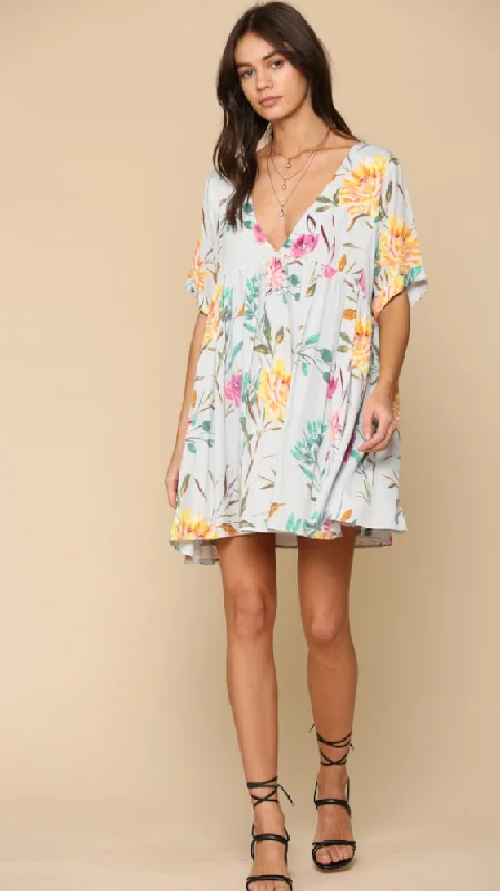 V neck floral print rayon gauze dress