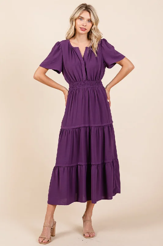 V neck Short Sleeve Layered Maxi Dress