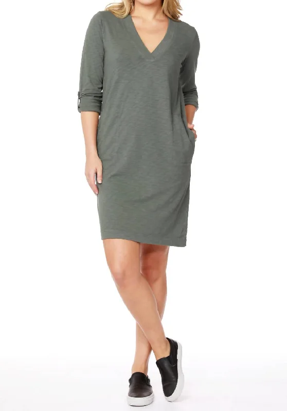 Sleeve Tab V-Neck Dress In Black