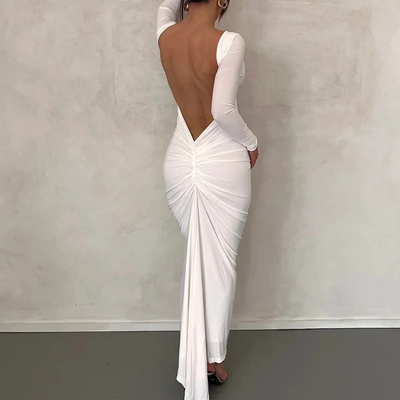 BerriesJam - Backless Long Sleeve O Neck Folds Evening Party Dress