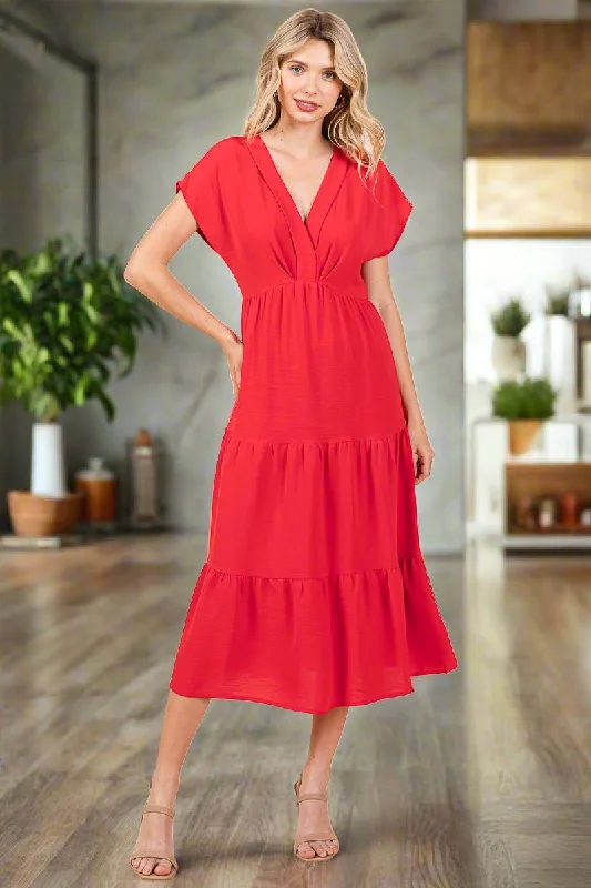 V Neck Tiered Cap Sleeve Pleated Ruffle Midi Dress