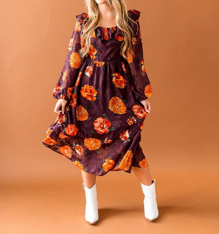 Field Of Flowers Midi Dress In Wine