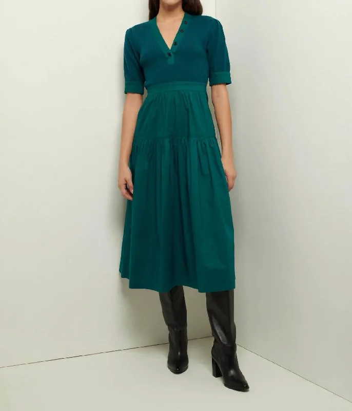 Claire Mixed Media Puff Sleeve Dress In Evergreen