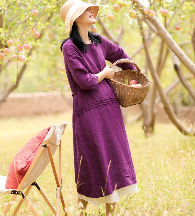 Purple Pleated Short Sleeve linen Women Dresses Casual Women Dress SSM97215