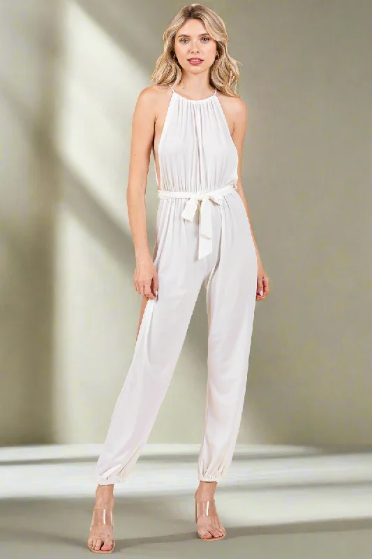 Halter Neck Shirred Belted Split Leg Jumpsuit