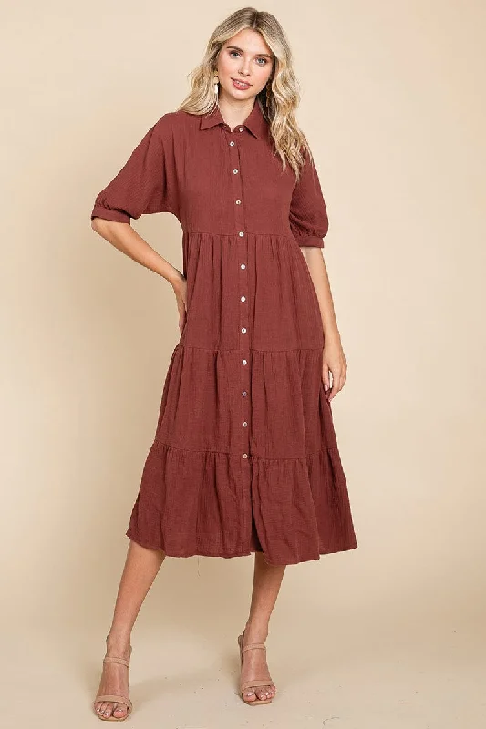 Double Gauze Tiered Cotton Midi Shirt Dress