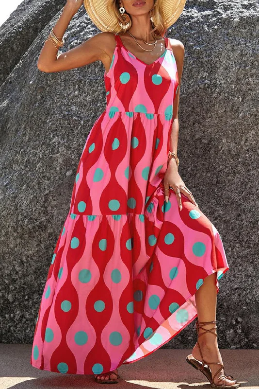 Red Abstract Dot Print Tiered Tank Maxi Dress