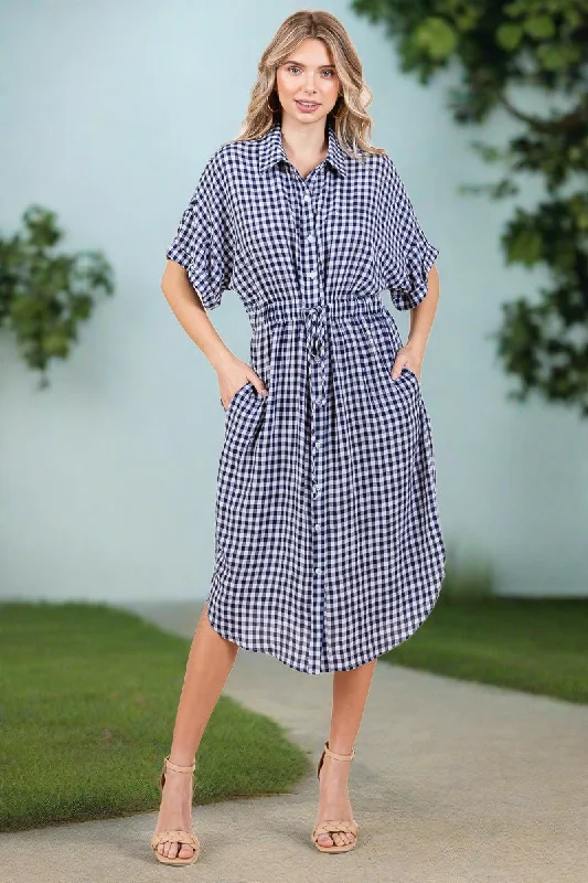 Plaid Short Sleeve Waist Tie Collared Shirt Dress