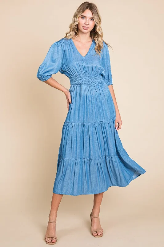 Chambray Tiered V Neck Smocked Waist Midi Dress