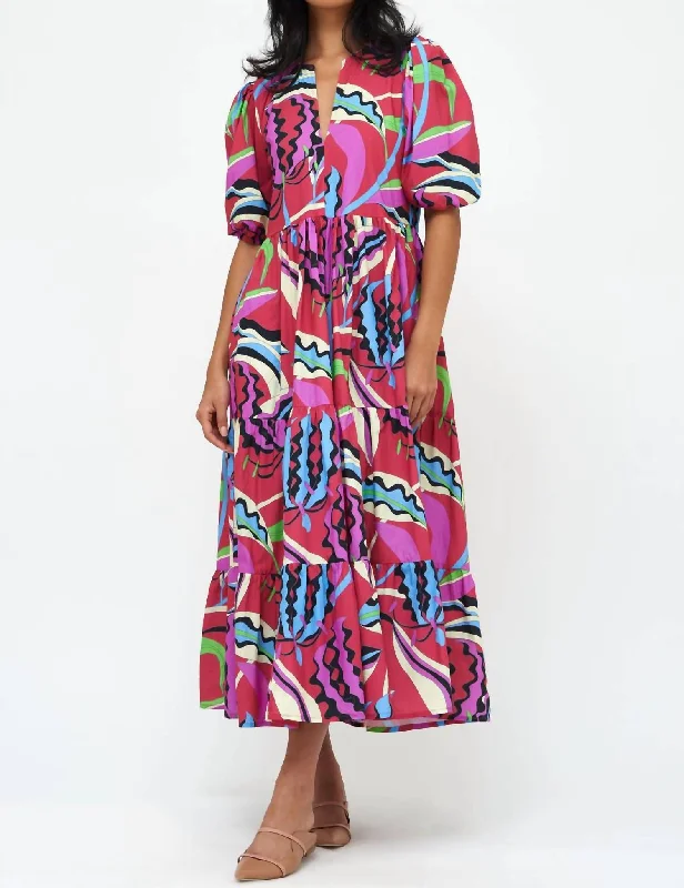 Puff Sleeve Maxi Dress In Fergana Rhubarb