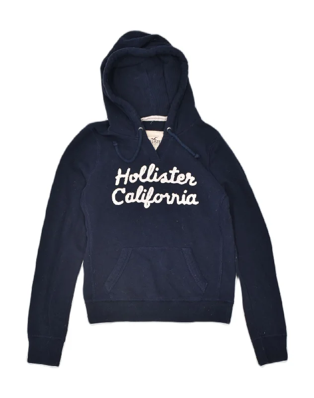 HOLLISTER Womens Graphic Hoodie Jumper UK 12 Medium Navy Blue Cotton